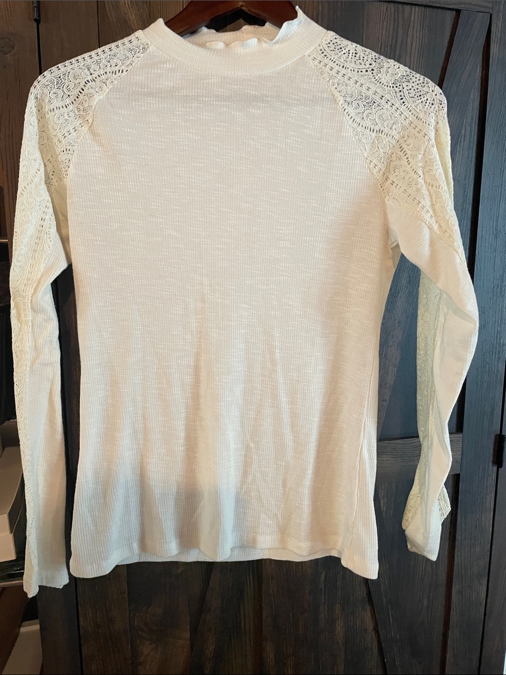 Maurices Cream Ribbed Lace Shoulder Top